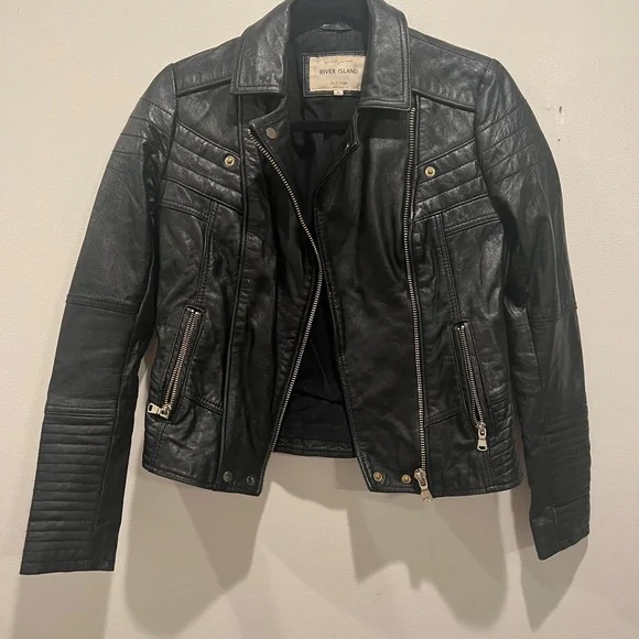River Island Classic Black Leather Jacket sz x small - Picture 1 of 12